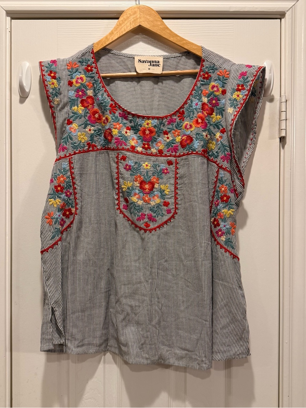 Savanna Jane Blouse Embroidered Floral Blue Stripes Women’s Sz XL Boho Colorful